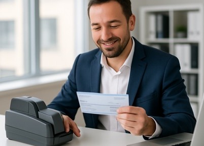 picture of man scanning a check using remote deposit scanner